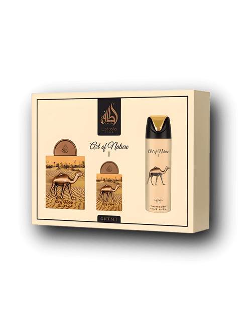 Lattafa Pride Art Of Nature I Gift Set inspirerad av Oud Maracuja med 100ml Eau de Parfum, 20ml resespray och 200ml deodorant