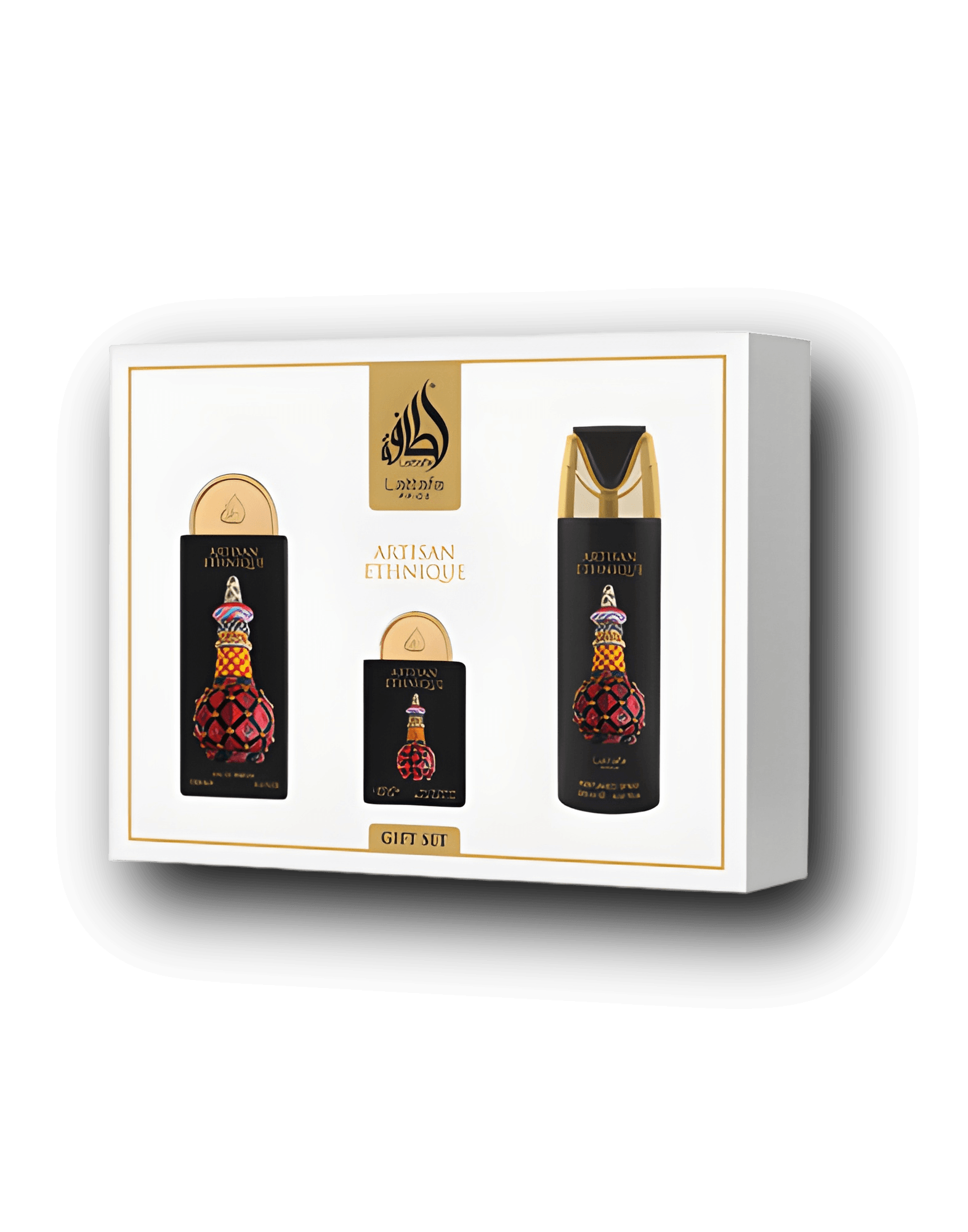 Lattafa Pride Artisan Ethnique Gift Set inspirerad av Sugar Addict med 100ml Eau de Parfum, 20ml resespray och 200ml deodorant