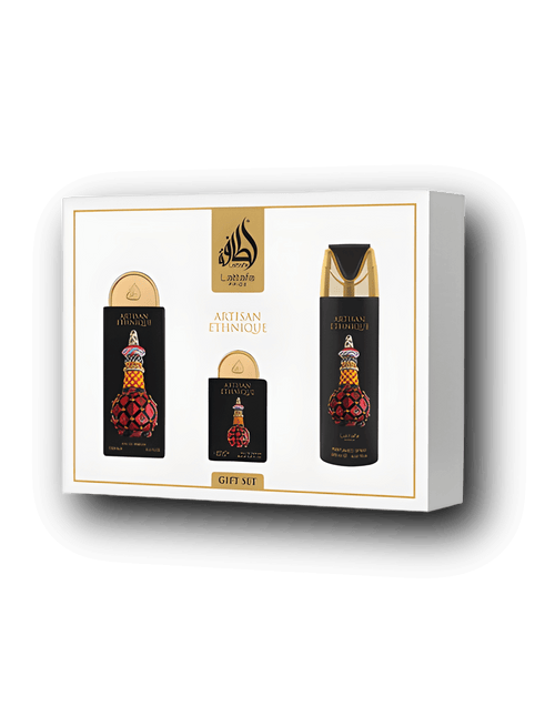 Lattafa Pride Artisan Ethnique Gift Set inspirerad av Sugar Addict med 100ml Eau de Parfum, 20ml resespray och 200ml deodorant